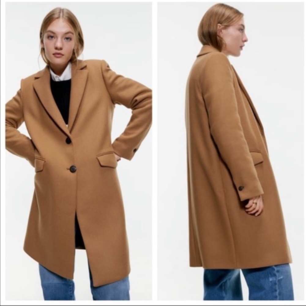 Zara Coat Wool Mid-Length in Camel Tan Brown - Picture 2 of 9